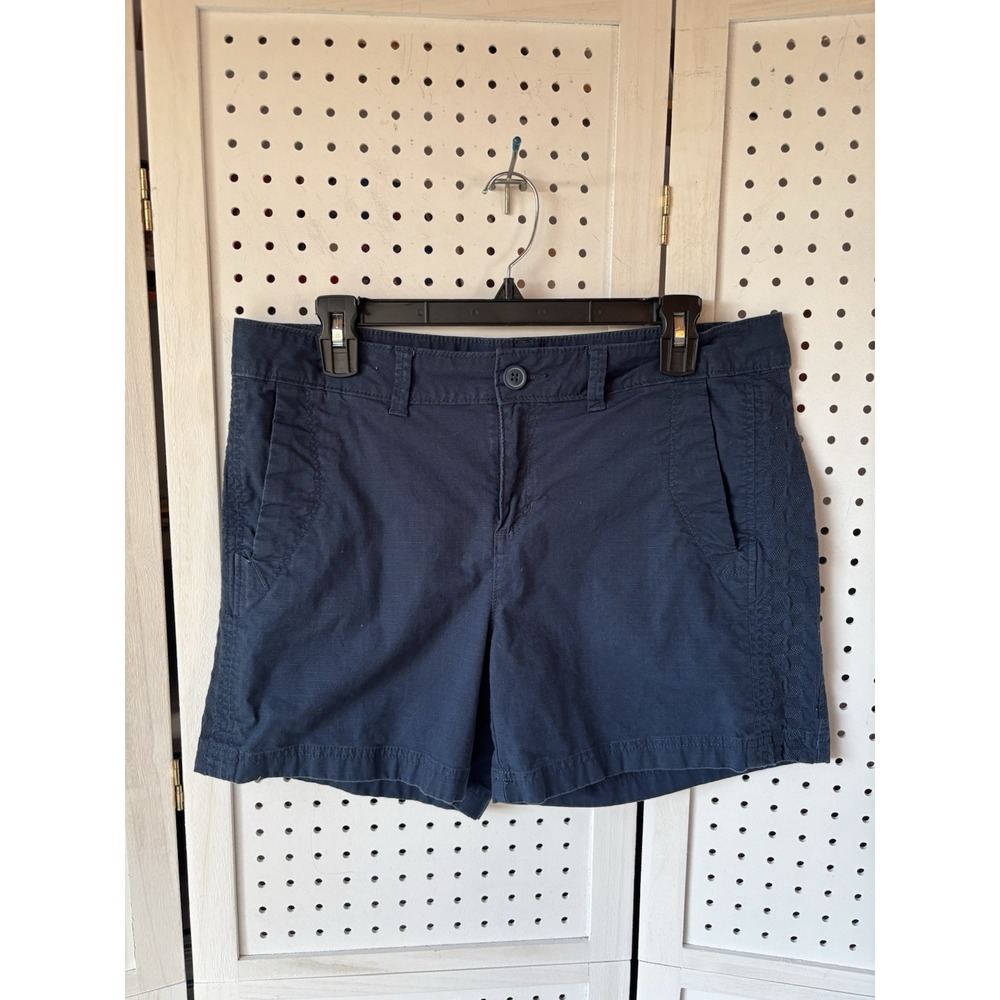 Eddie Bauer Chino Khaki Shorts Women's 10 Navy Blue Side Edge Detail Stitch